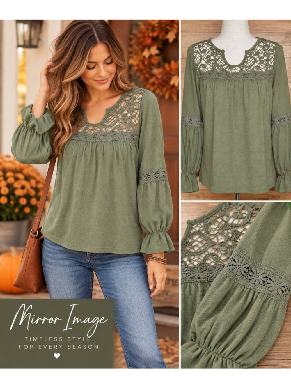 Mirror Image Womens Small Sage Green Crochet Lace Boho Bell Sleeve Top